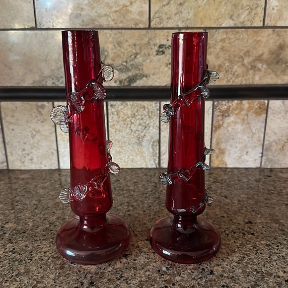 Victorian Cranberry Glass Bud Vases - Picture 1 of 6